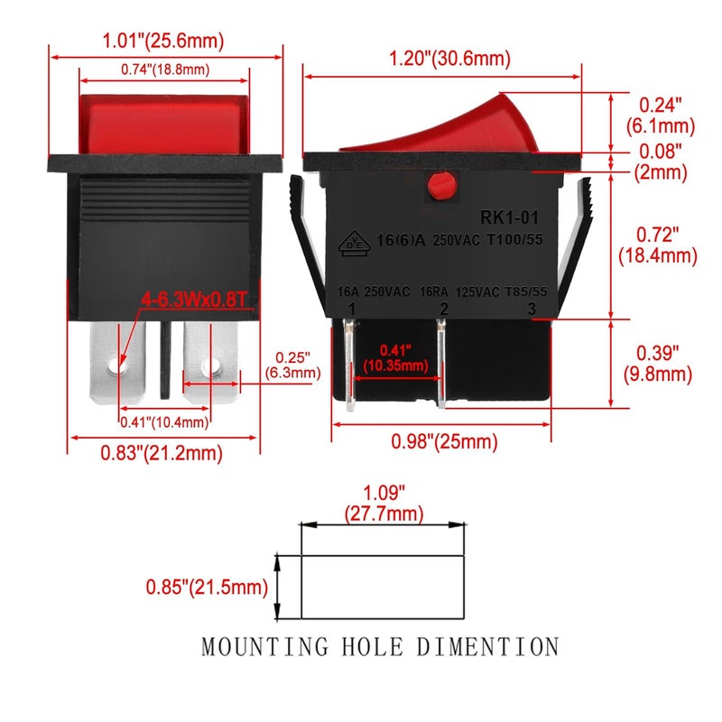 Heschen Rocker Switch ON-Off DPST 4 Terminals Red Light 16A 250VAC 2Pack - Image 2